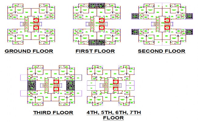 Modern apartment AutoCAD drawing with 1BHK to 3BHK unit floor plans