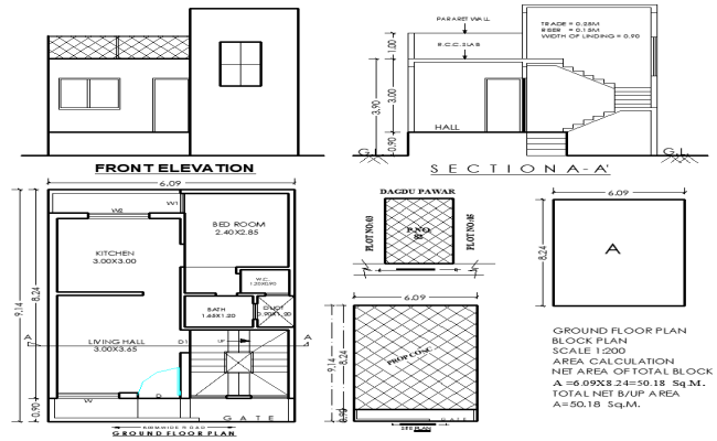 9.14mx6.09m 1 BHK House Plan in DWG AutoCAD File