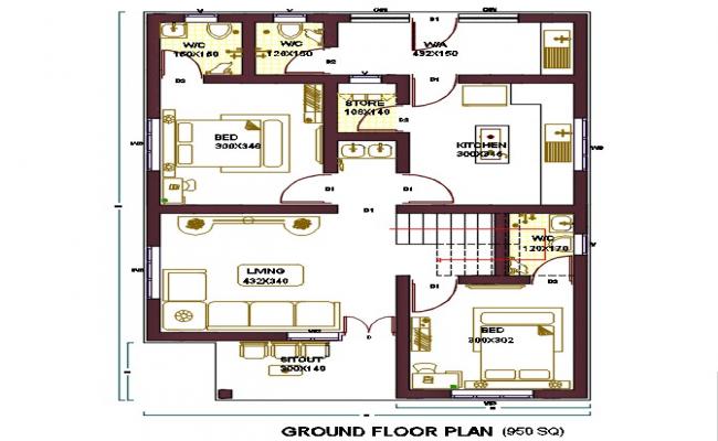 950 Sq Ft House Ground Floor Plan DWG Fi;le