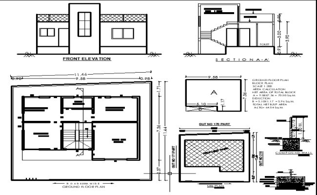9.58x7.36m 1BHK House Plan with Study Room in CAD Drawing File