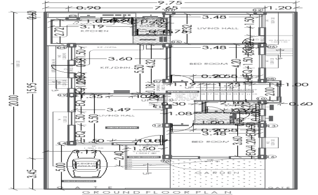 9.75x20m 2BHK House Plan with Garden in DWG Format