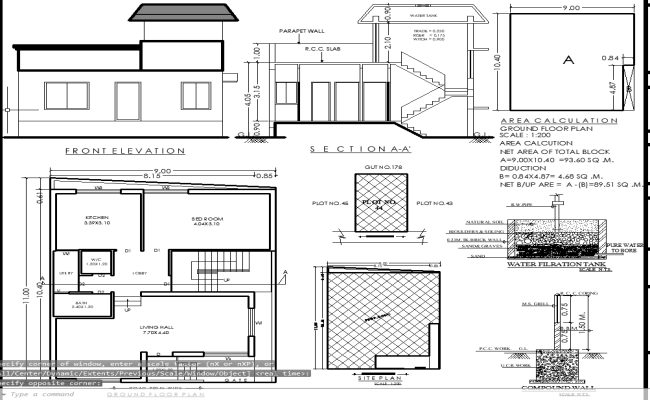 9Mx11M 2D Ground Floor Plan with Elevation and Stair section Layout