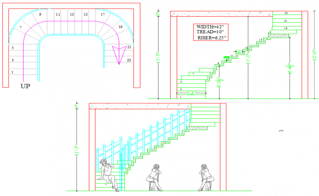Staircase AutoCAD DWG Design with Plan Section and Elevation Details