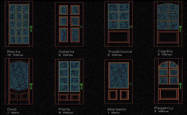 Door 2D AutoCAD DWG Blocks with Wooden and Glass Design Details