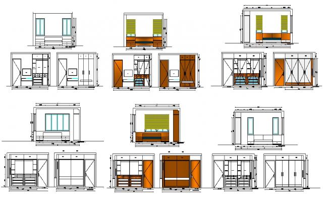 Bed and Wardrobe Elevation DWG with Multiple Interior Design Layouts