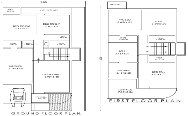 9mx18m 3BHK Ground and First Floor House Plan Design DWG File