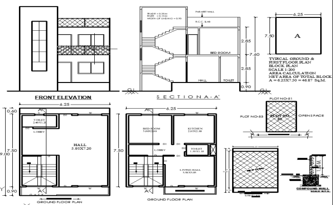 1BHK Architectural House CAD Plan 9x6.25m with Lobby and Floor Layout