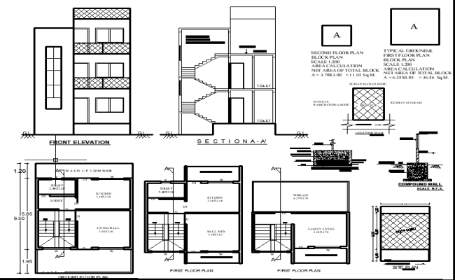 9x6.25m G plus 2 Bungalow AutoCAD Drawing Plan with Elevation
