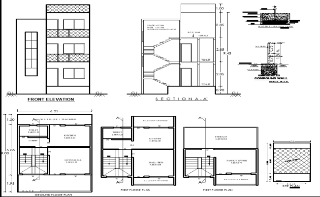 9x6.25m G plus 2 Residential CAD plan with Elevation and Section