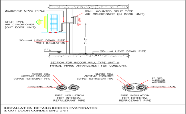 Split AC Installation and Piping Layout in DWG CAD Drawing File