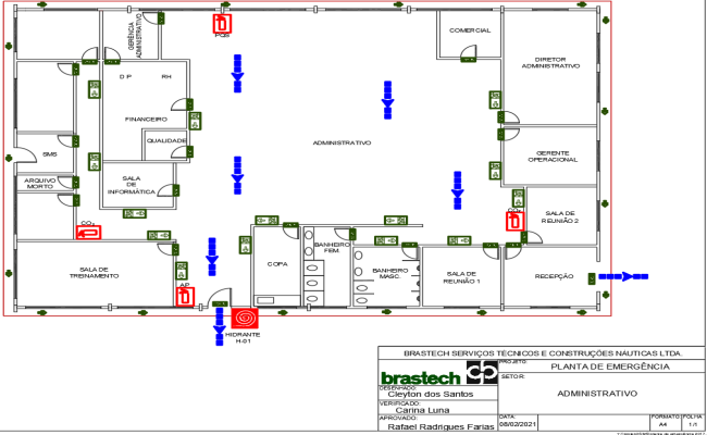 Administration Office Architecture Floor Plan with Fire Exit and Security Layout in AutoCAD DWG