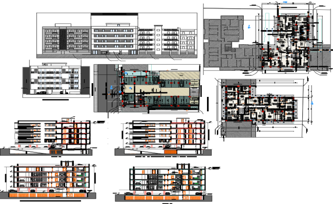 Apartment floor plan with elevation and section in DWG File