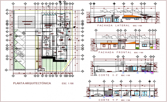 Elevation and different axis section view for clinic building dwg file