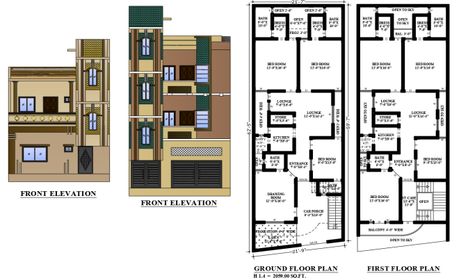2-Story House Plans with Front Elevation and Complete Floor Layout
