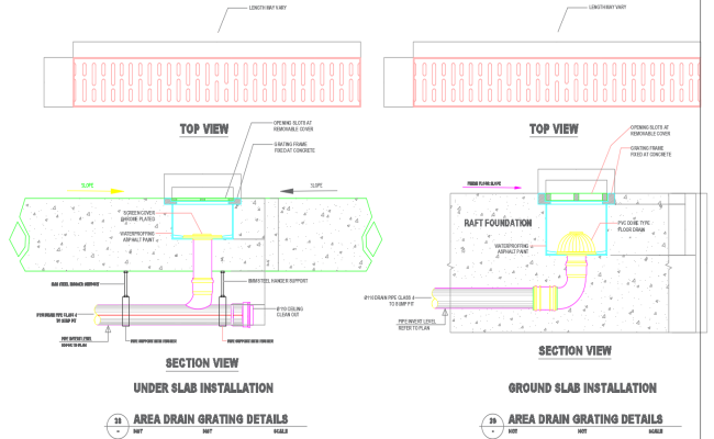 Area Drain Grating Details for Slab Installation in CAD File
