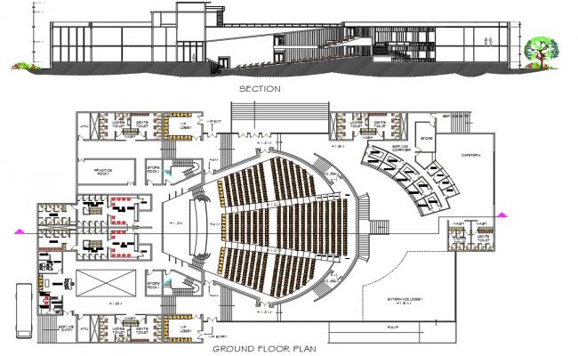 Auditorium layout CAD drawing with plan and sectional details DWG file