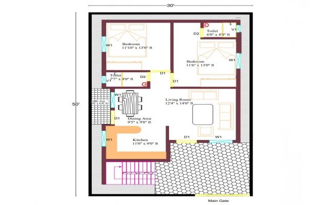 2 BHK House AutoCAD Floor Plan with Furniture Layout and Elevation