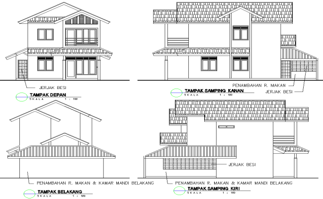Banglow All Side View Plan Architectural Design AutoCAD DWG File