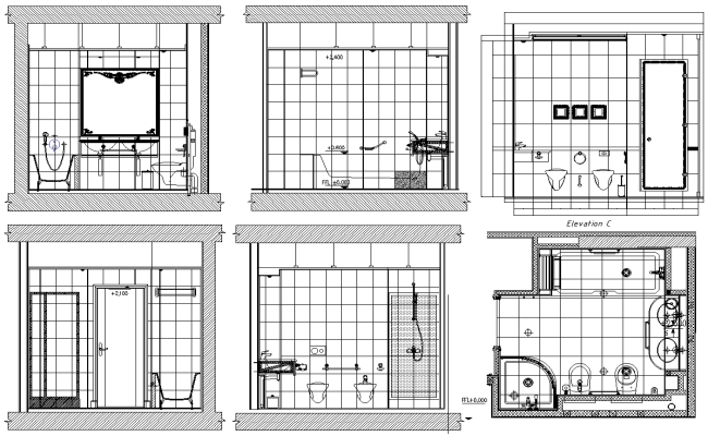 Bathroom Layout Design with Detailed Elevations AutoCAD DWG 