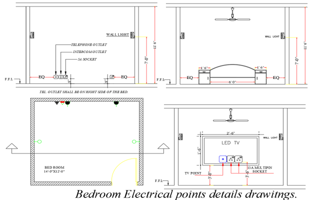 Detailed Bedroom Electrical Point Layout Plan in DWG AutoCAD File