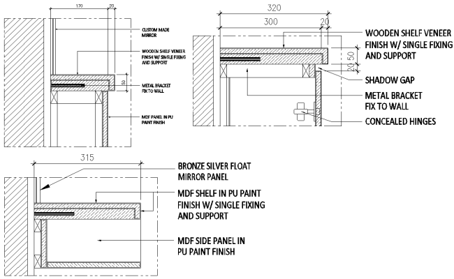 Bronze silver float mirror panel with mdf shelf in pu paint dwg autocad drawing .