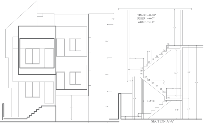 Bungalow Elevation and Staircase Section Layout Details AutoCAD DWG 