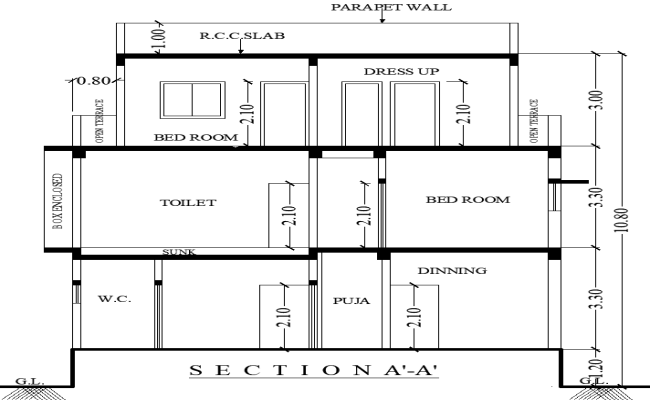 Bungalow Section Layout Details AutoCAD DWG File