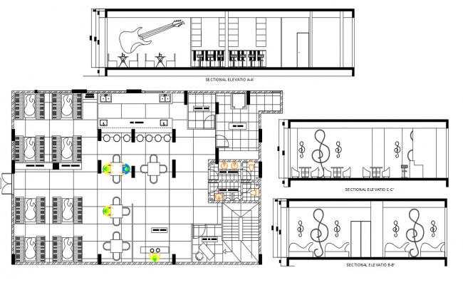Cafe And Bar Plan With Section Drawing DWG File