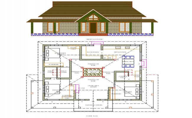 Center Courtyard Home Plan DWG File with Floor Layout and Room Details