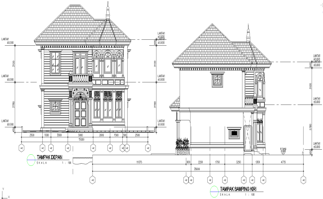 Classic House Front and Side Elevation Architectural Drawing AutoCAD DWG File