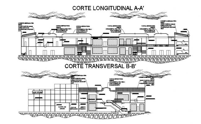Elevation and different axis section view for clinic building dwg file