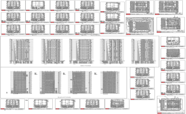 Commercial High Rise Building Plan with Sections in DWG File