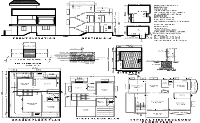 G plus 2 House Plan with Section and Site Layout in DWG File