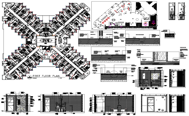 Comprehensive Hotel Architectural Plan with Bathroom Layout - Download 2D DWG AutoCAD File