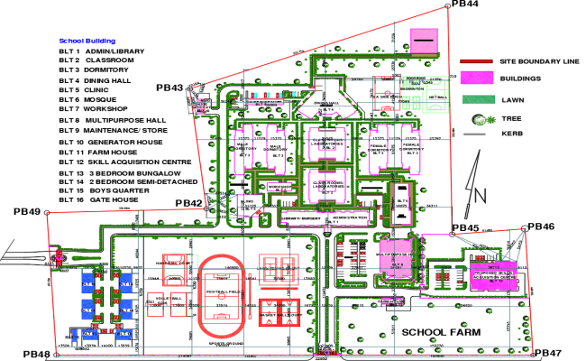 Detail school campus with hostels and farm area in CAD File