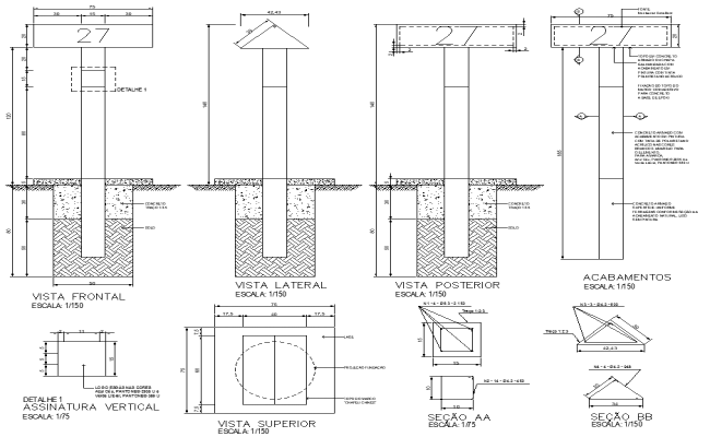 Construction Column Plan with Section Views AutoCAD DWG
