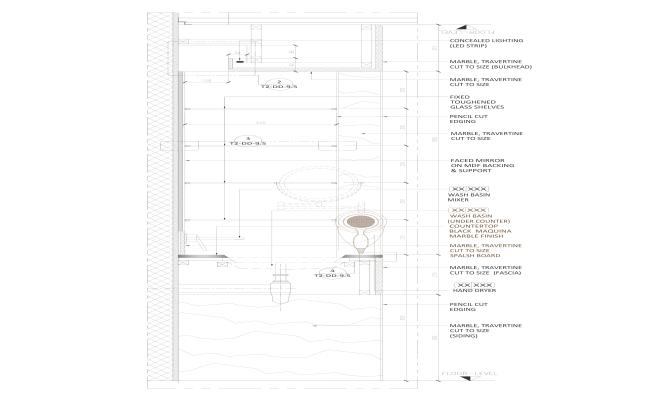Construction detail of bathroom with material specification DWG AutoCAD drawing