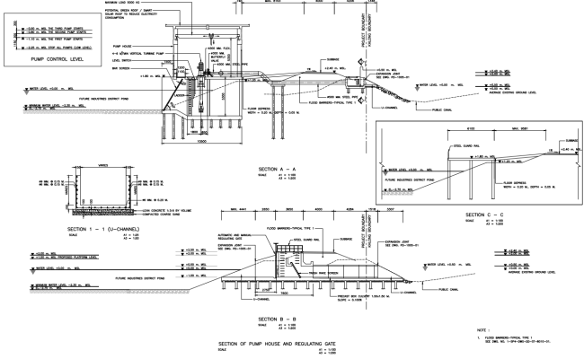 Detailed Pump House and Control Gate Section in AutoCAD File