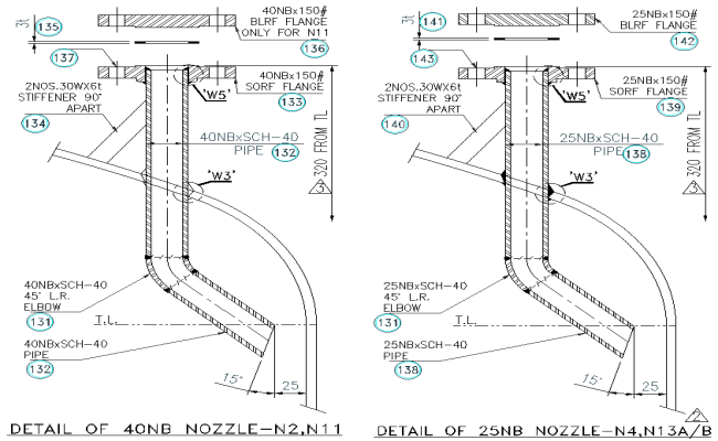 Detail of 40 NB Nozzle N2 N11 Detail of 25NB Nozzle N4 N13 DWG AutoCAD file