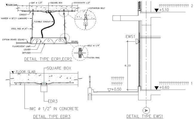 Detail section of Commercial building floor Lighting ECR1 ECR2 DWG AutoCAD file