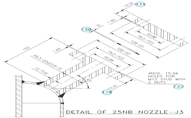 Details of 25NB nozzle design with stud and 2 nuts details dwg autocad drawing .