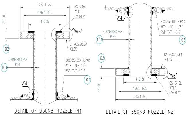 Details of 350 nb nozzle design dwg autocad drawing .