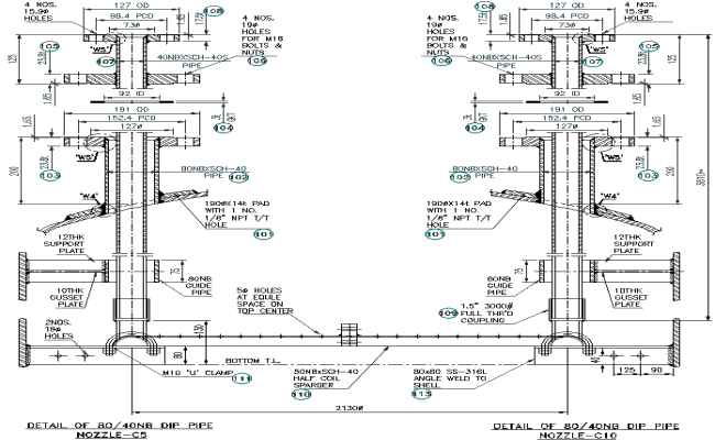 Details of 40 nb dip pipe nozzle design dwg autocad drawing .