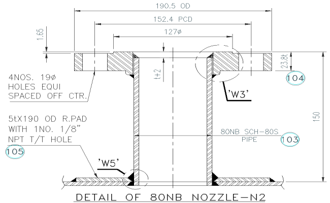 Details of 80 nb nozzle details design dwg autocad drawing .