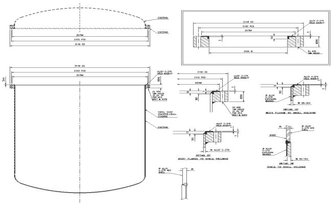 Details of body flange to shell welding dwg autocad drawing.
