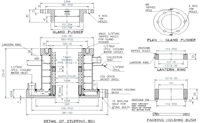 Details of stuffing box with gland pusher details dwg autocad drawing .