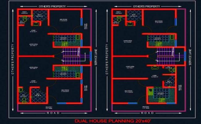  Dual House Planning Floor Layout Plan 20'X40' DWG file