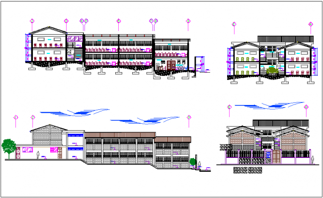Elevation and different axis section view for clinic building dwg file