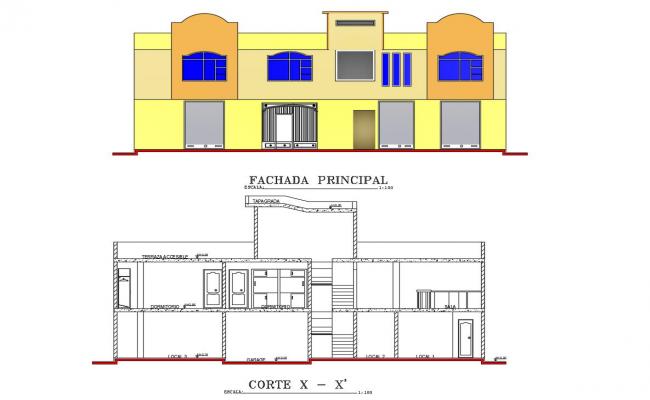Elevation and section view for housing  building dwg file
