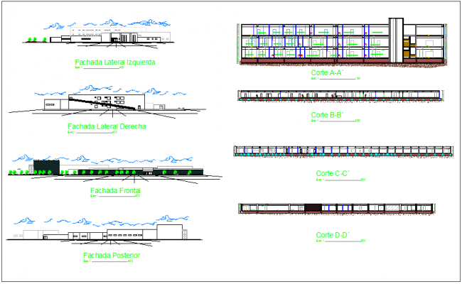 Elevation and different axis section view for clinic building dwg file
